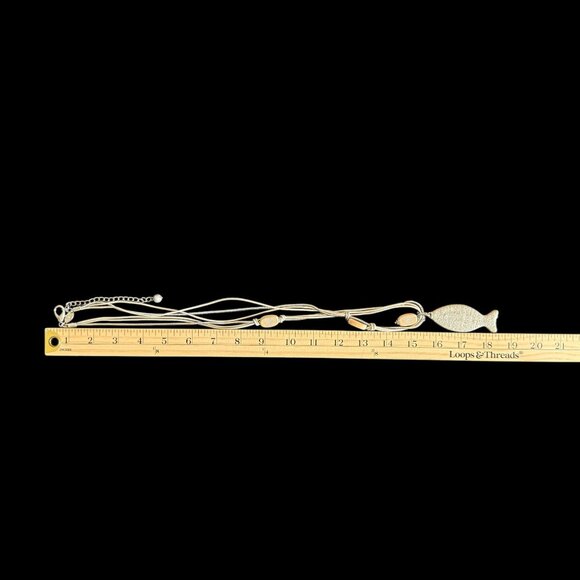 Chicos Beaded Fish 3 Strand Leather Chain Necklace Asymmetrical Silver Wood - Picture 3 of 9